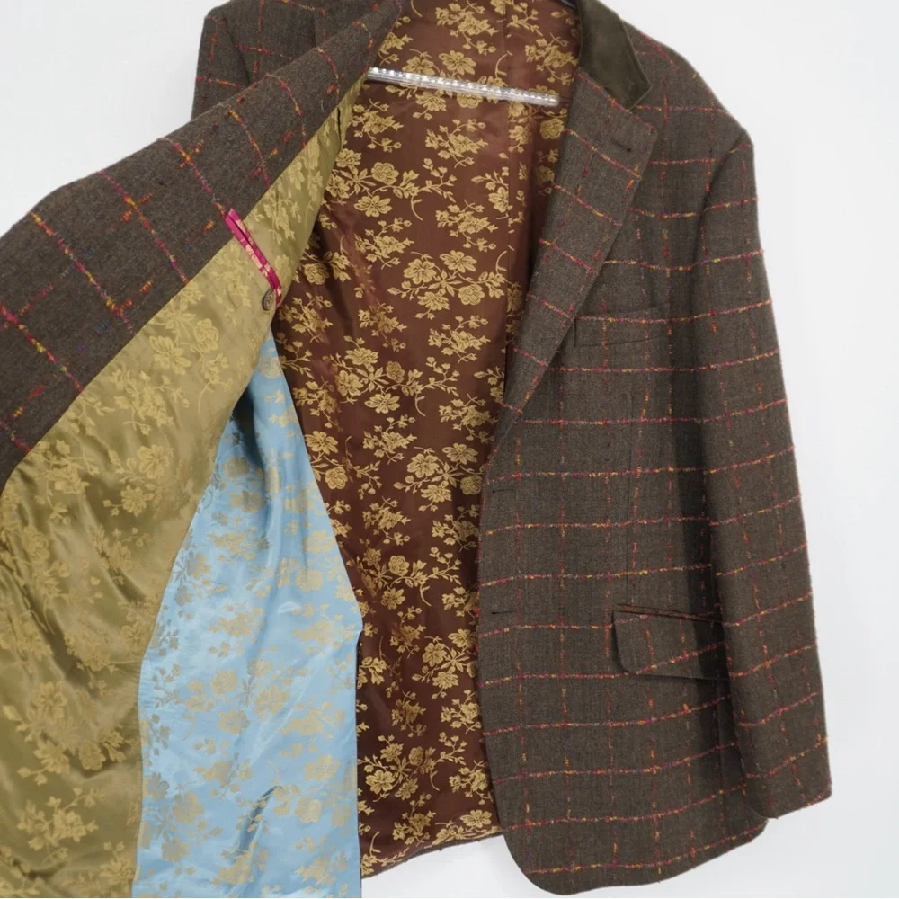 TED BAKER Brown Fuchsia Window Pane 100% Wool Sport Coat Velvet Elbow Collar 46R